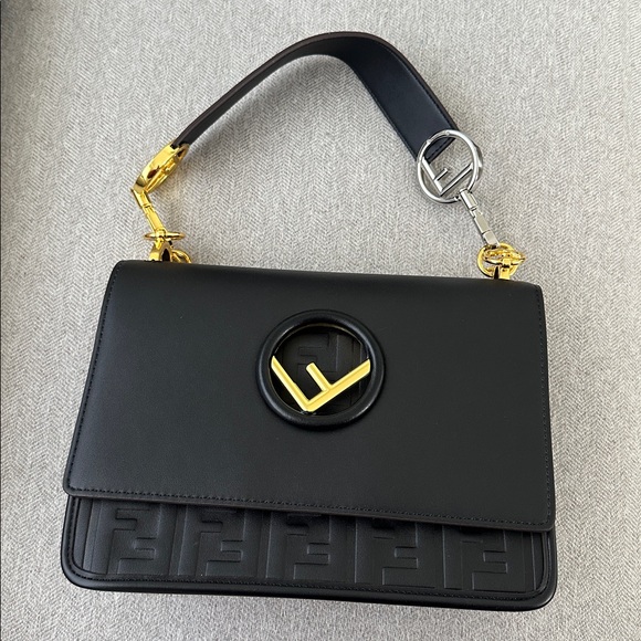 Fendi Inspired Black Shoulder Bag with Gold Accents - Picture 12 of 12